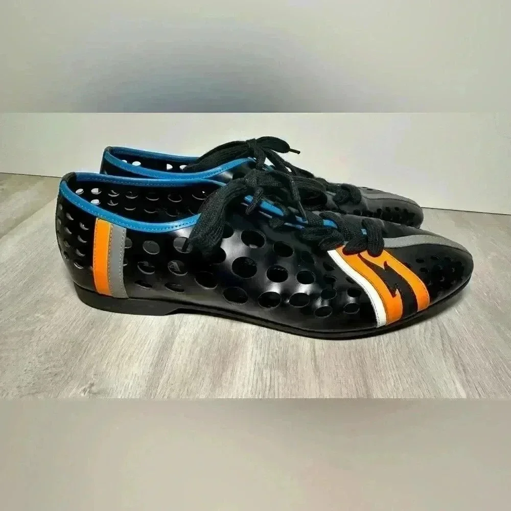 Prada 2EG168 Perforated Leather Sneakers Men 9 Black Orange Excellent Bolt - Picture 3 of 10